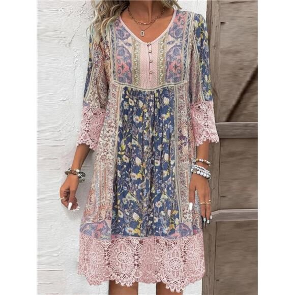 Full Size Lace Detail Printed Three-Quarter Sleeve Dress - Picture 1 of 3